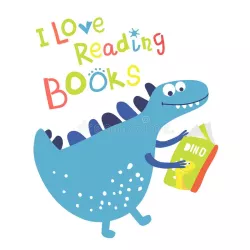 blue dinosaur reading a book